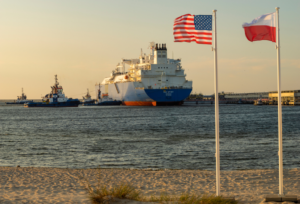 American tanker during liquefied gas delivery to LNG terminal in Swinoujscie