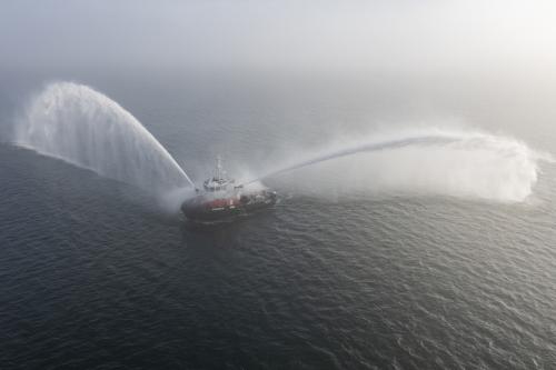 A firefighting vessel built at the Remontowa Shipbuilding SA shipyard