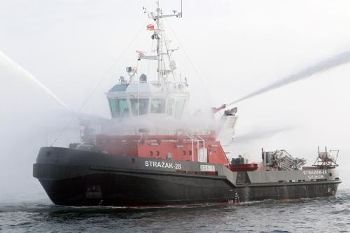 A firefighting vessel built at the Remontowa Shipbuilding SA shipyard