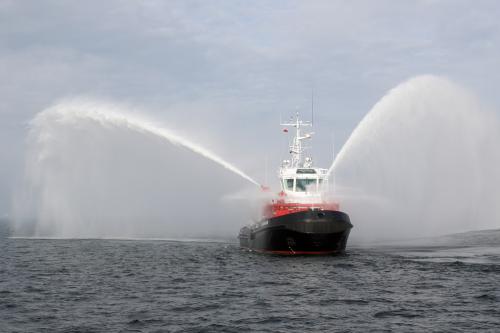 A firefighting vessel built at the Remontowa Shipbuilding SA shipyard