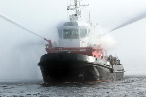 A firefighting vessel built at the Remontowa Shipbuilding SA shipyard